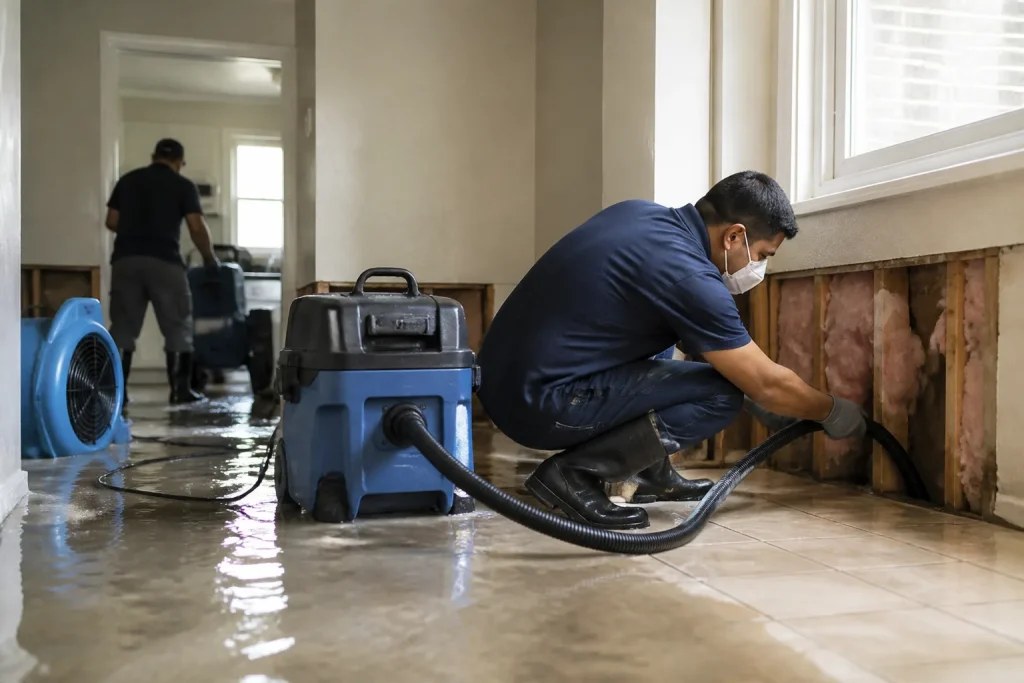 Technician running extraction equipment in a flooded home