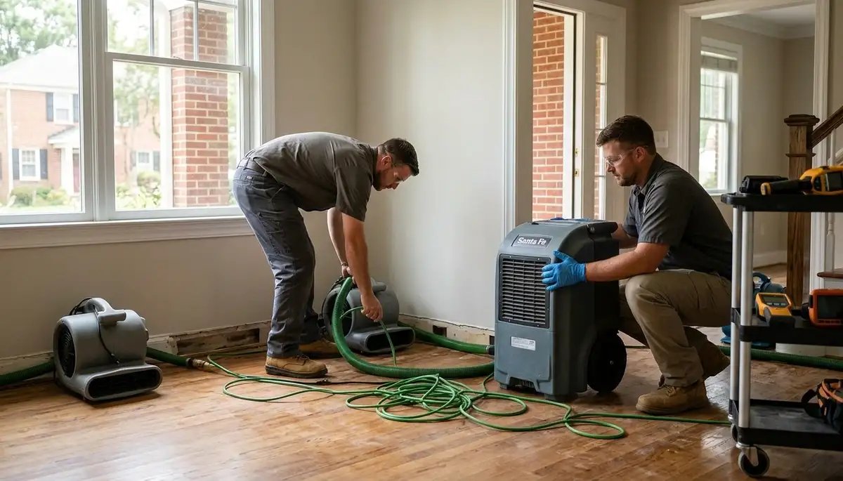 Two technicians setting up drying equipment