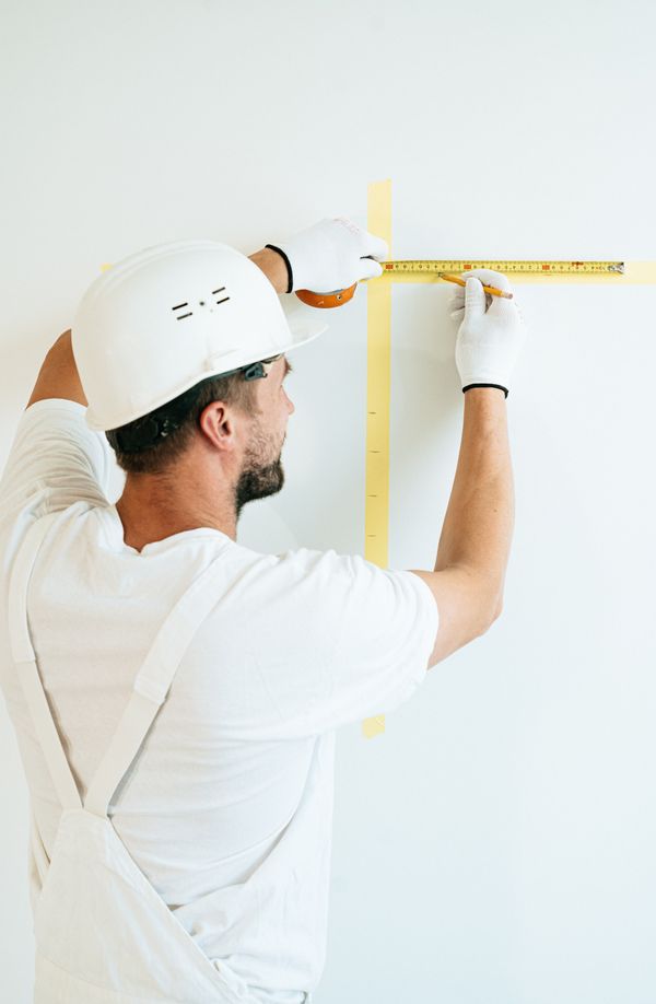 Worker measuring a wall during inspection