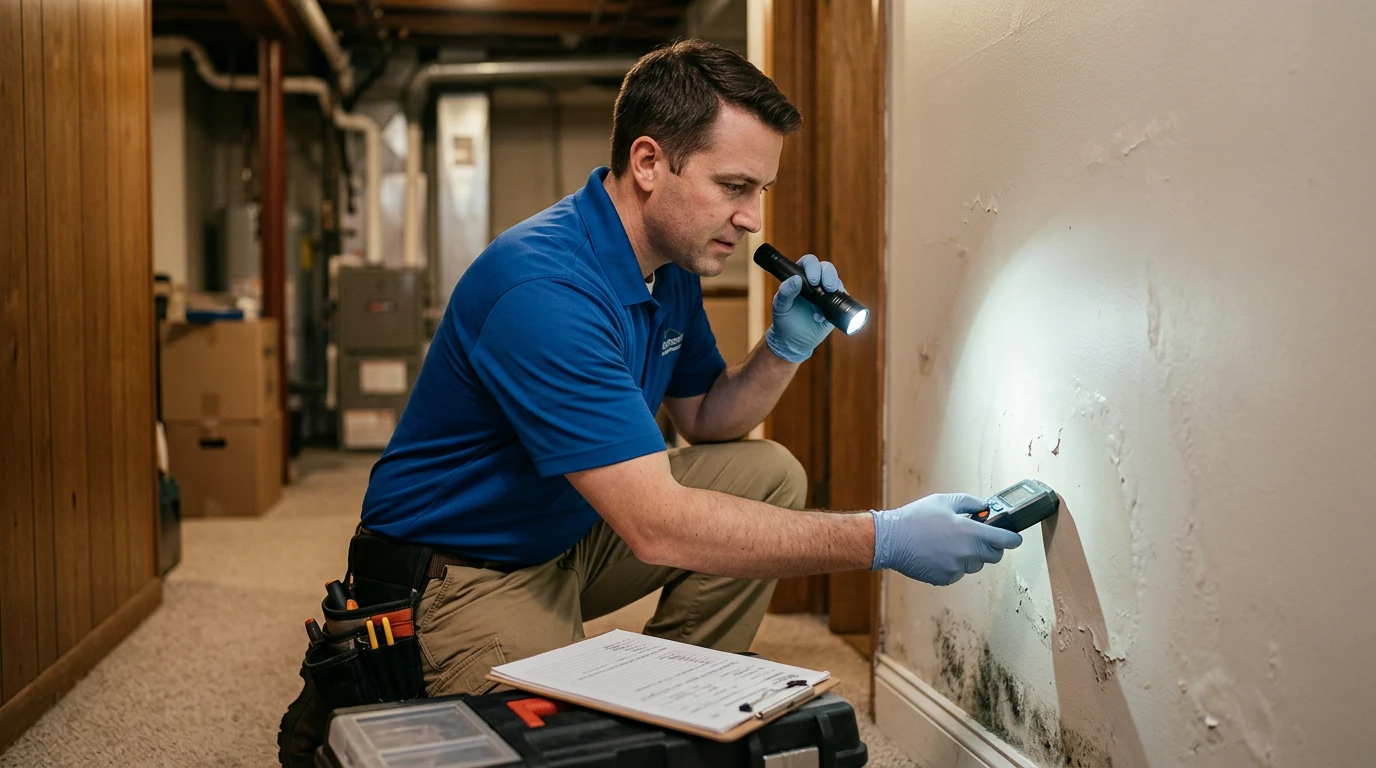 Inspector using a moisture meter and flashlight to check a wall for mold