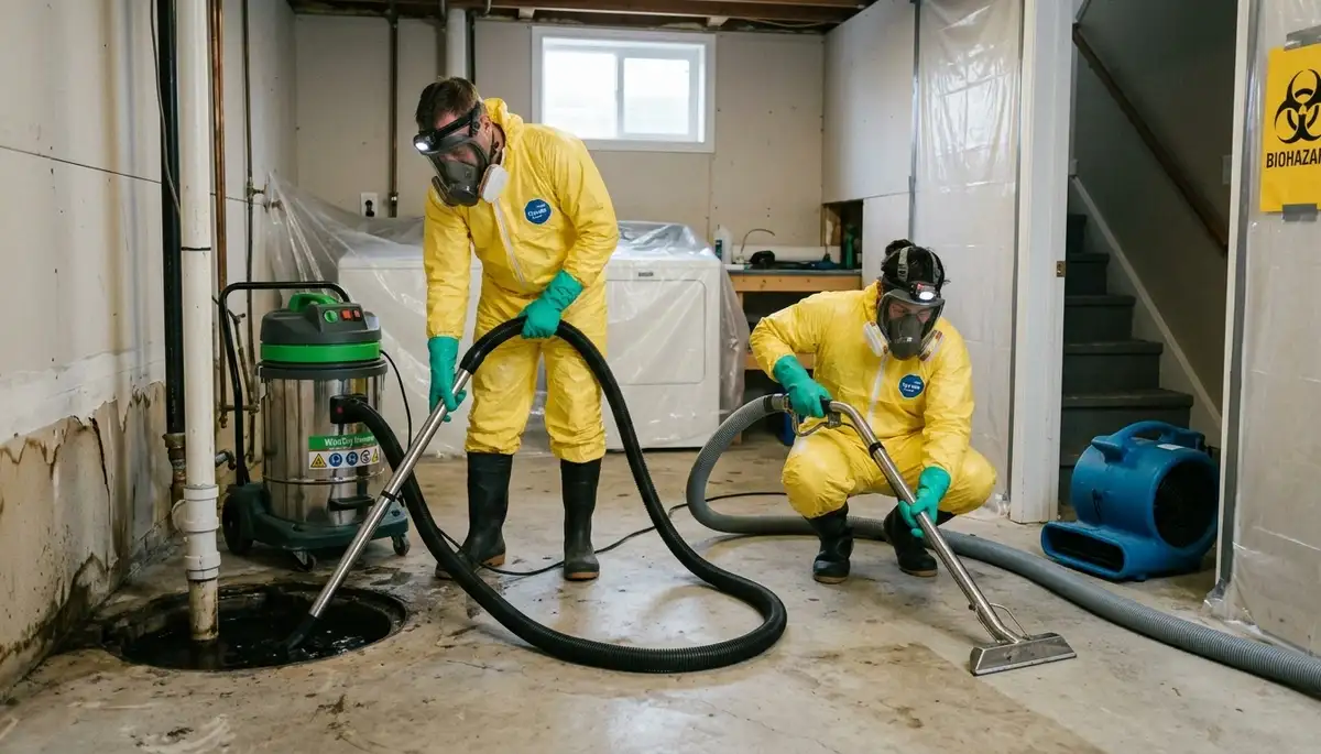 Technicians in protective gear cleaning a sewage backup in a Stockbridge basement