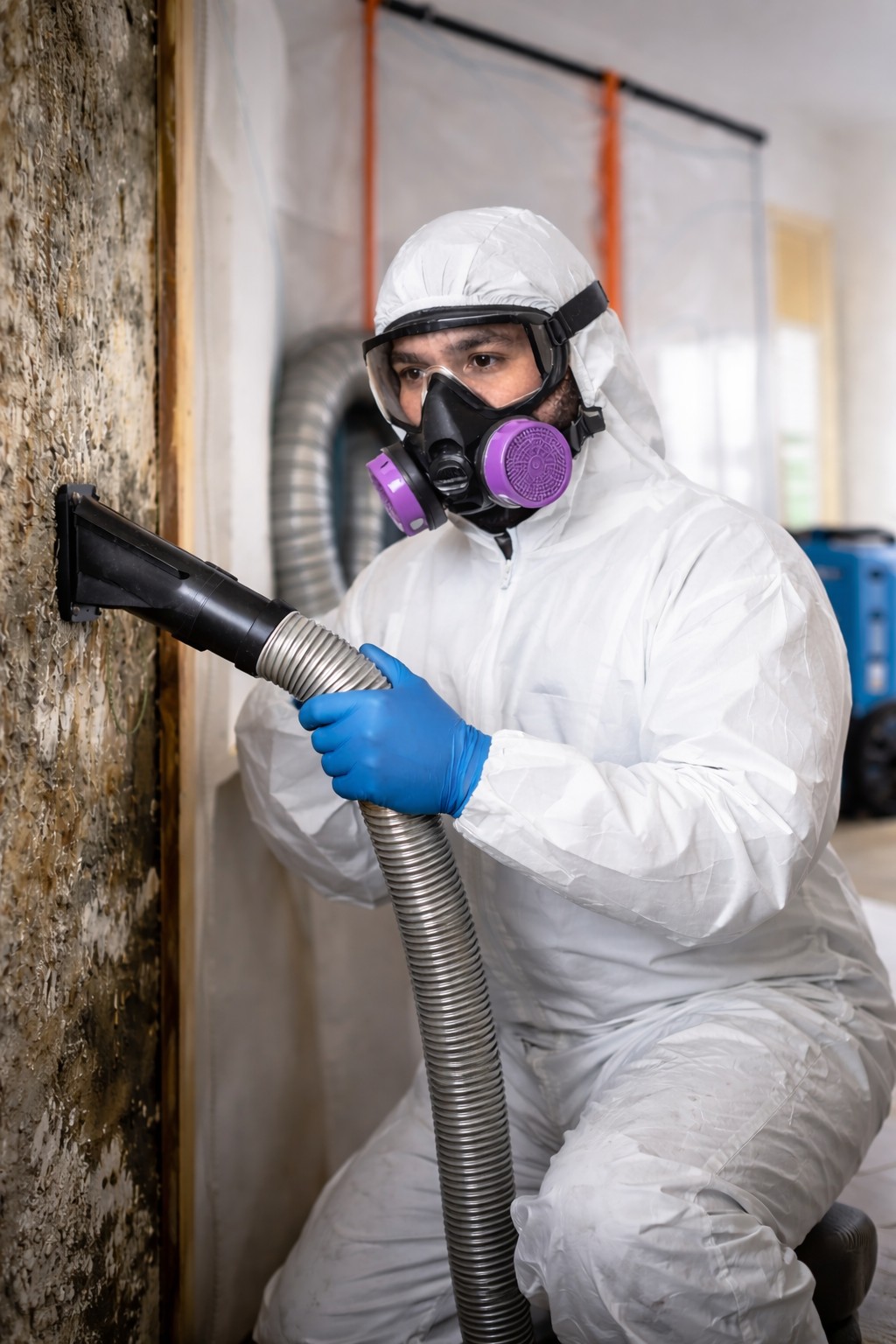 Technician in respirator removing black mold