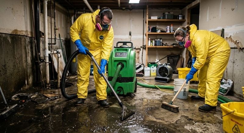 Technician in full protective gear extracting sewage water