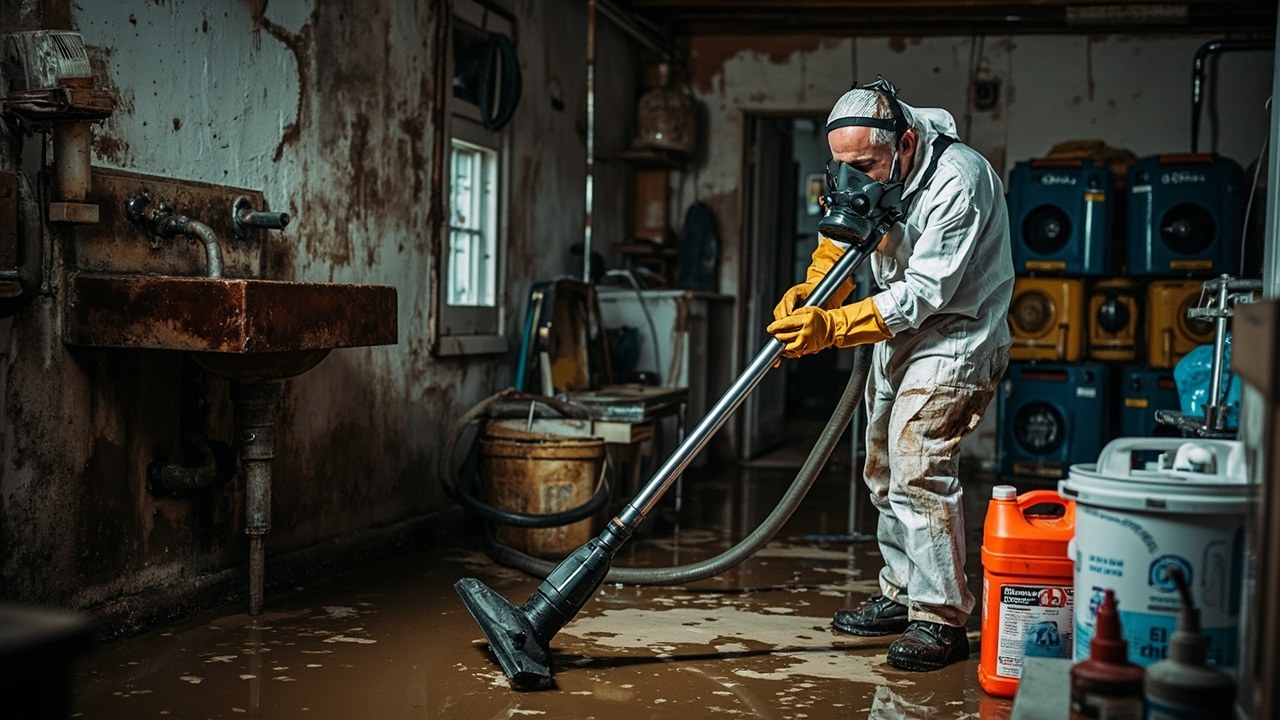 Technician in full protective gear extracting sewage water